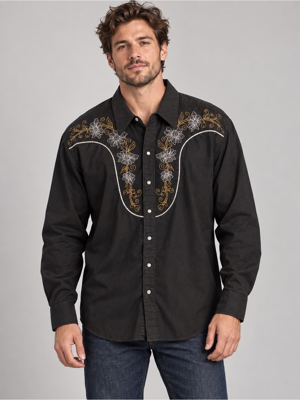 Vintage Rockmount Ranch Wear Black Embroidered Pearl Snap Western Shirt 17-M USA